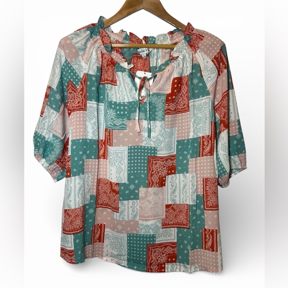 DAVI & DANI Tops - DAVI & DANI‎ Patchwork Tie-Neck Blouse - Teal, Rust & Cream Bandana Print Small